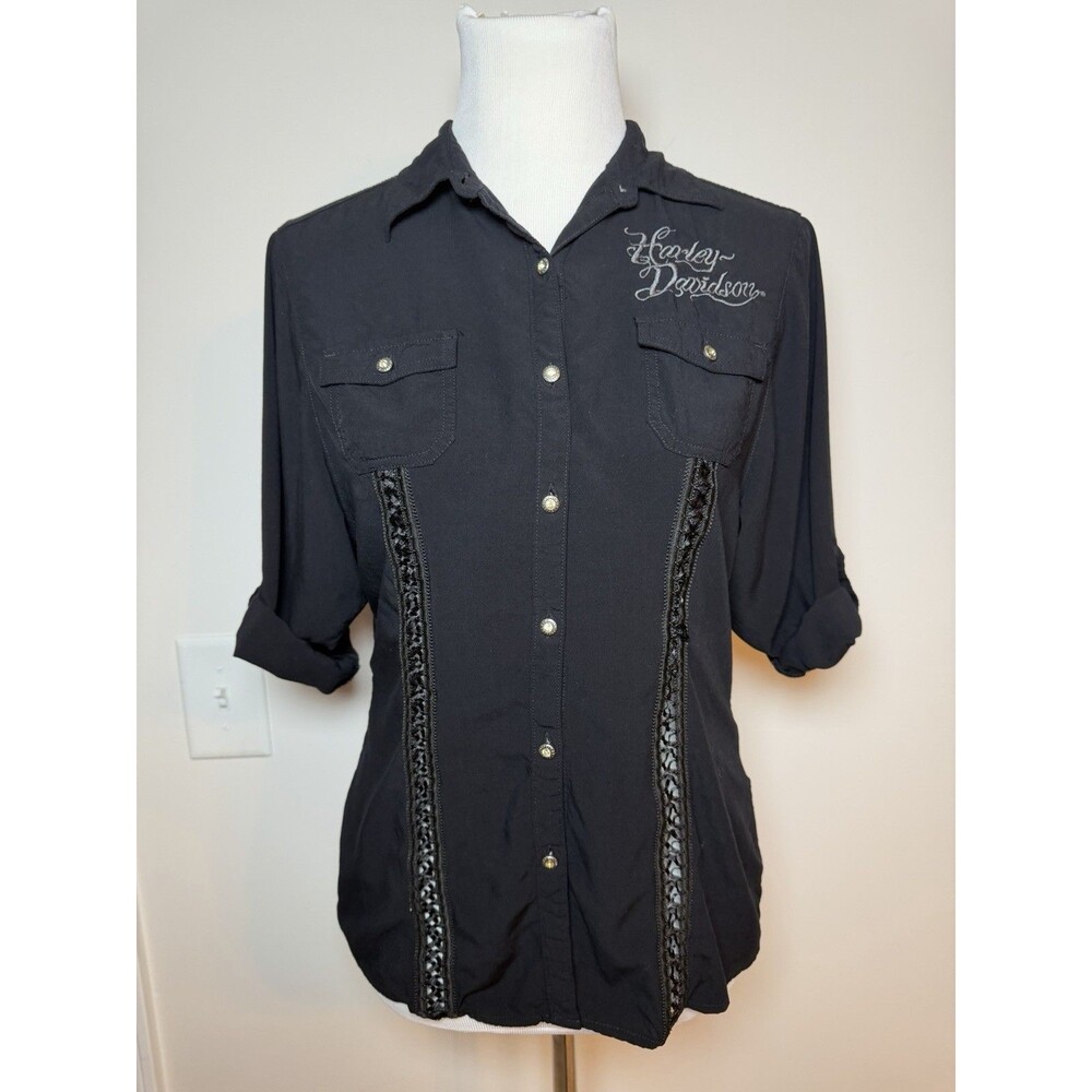 Harley Davidson Women’s M Button Up Shirt 3/4 Sleeves Ribbon Detail Angel Wings - Picture 6 of 15
